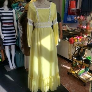 Late 60s/70s Yellow Maxi Boho CottageTiny Polka Dot Daisy Maxi Long Sleeve Dress